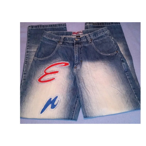 Enyce Straight Jeans Women Size 34 Denim Spell Out Embroidered Regular Fit (P20) - Picture 1 of 9